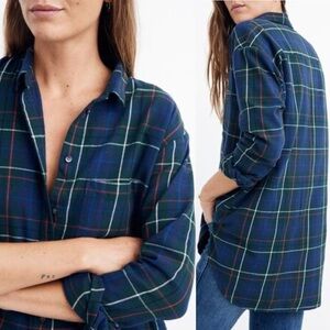 Madewell Flannel Oversized Ex-Boyfriend Shirt in Dark Plaid 100% Cotton Size XS‎